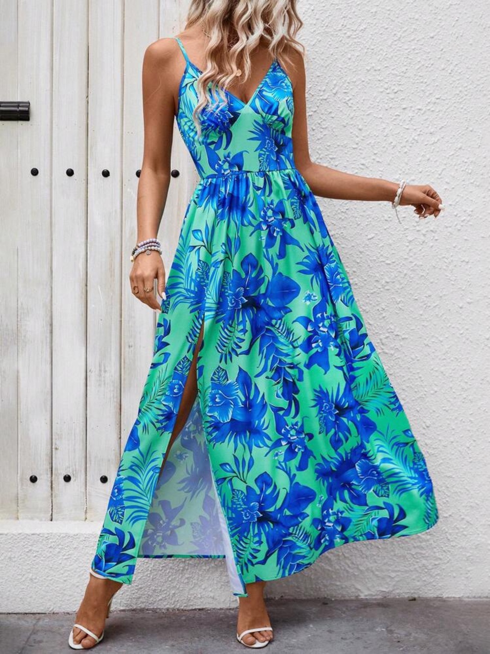 SHEIN Blue & Mint Green Floral Maxi Dress